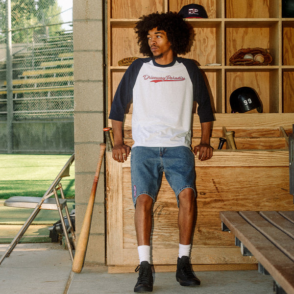 DRIVEWAY PARADISE - 3/4 SLEEVE BASEBALL TEE - MINTY BOI™ - WHITE/NAVY - Long Sleeves